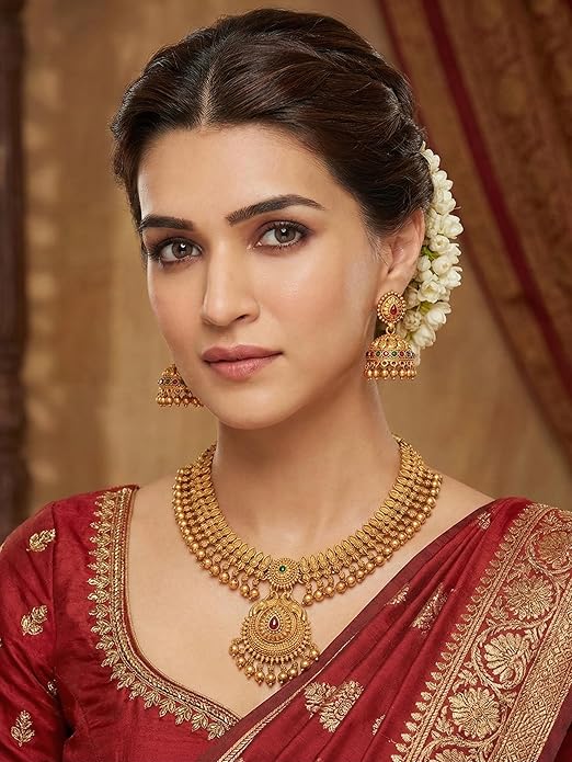 Gold-Plated Antique Temple Jewellery Set for Women - Traditional Necklace with Large Peacock Pendant & Matching Jhumka Earrings | Ethnic Festive & Bridal Wear Set with Ruby & Emerald Accents