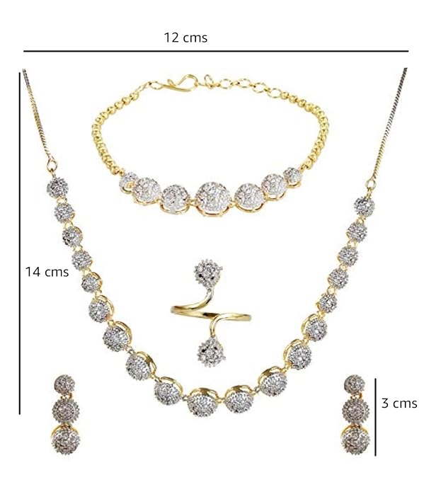 Jewellery Set for Women American Diamond Combo of Choker Necklace Set with Earrings, Bracelet and Ring for Girls and Women