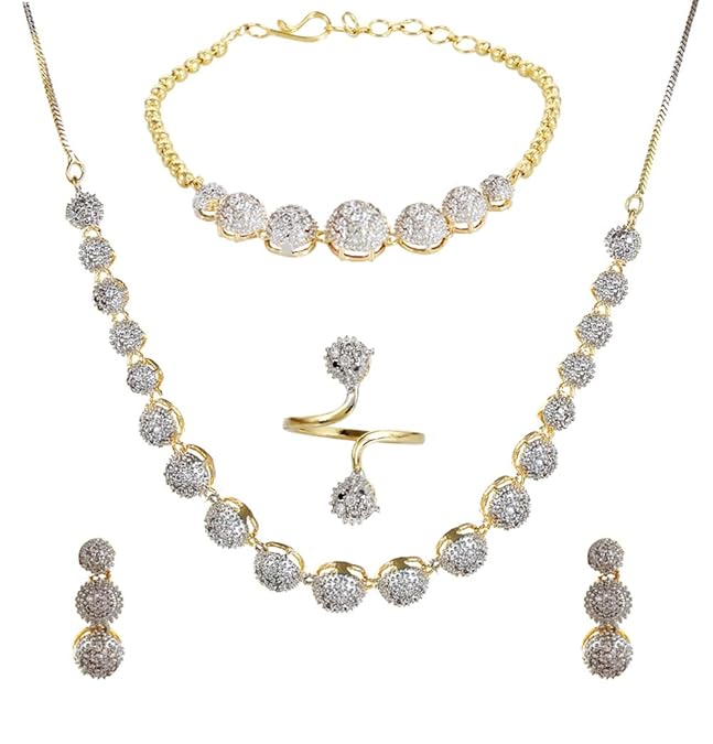 Jewellery Set for Women American Diamond Combo of Choker Necklace Set with Earrings, Bracelet and Ring for Girls and Women