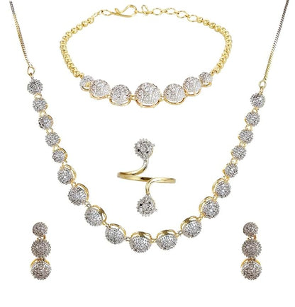 Jewellery Set for Women American Diamond Combo of Choker Necklace Set with Earrings, Bracelet and Ring for Girls and Women