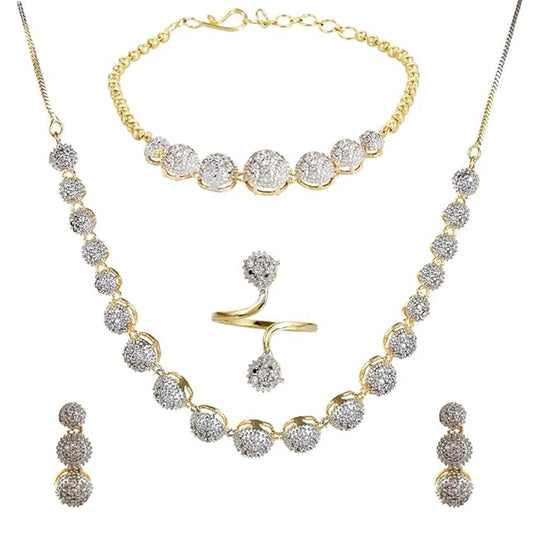 Jewellery Set for Women American Diamond Combo of Choker Necklace Set with Earrings, Bracelet and Ring for Girls and Women