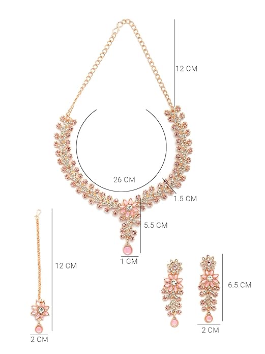 AD Diamonds Studded Floral Choker Necklace with Danlge Earrings Maangtikka Jewellery Set for Women & Girls