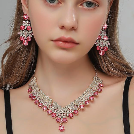 Latest Stylish Design Fancy Wedding Party Crystal Diamonds Necklace Jewellery Set for Women