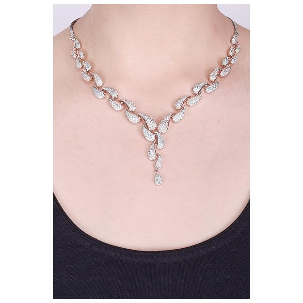 Diamond CZ Rose Gold Plated Designer Jewellery Set/Necklace Set with Chain & Earring for Girls/Women