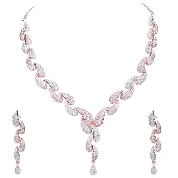 Diamond CZ Rose Gold Plated Designer Jewellery Set/Necklace Set with Chain & Earring for Girls/Women