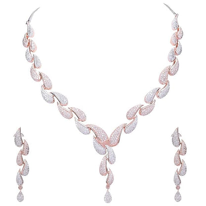 Diamond CZ Rose Gold Plated Designer Jewellery Set/Necklace Set with Chain & Earring for Girls/Women