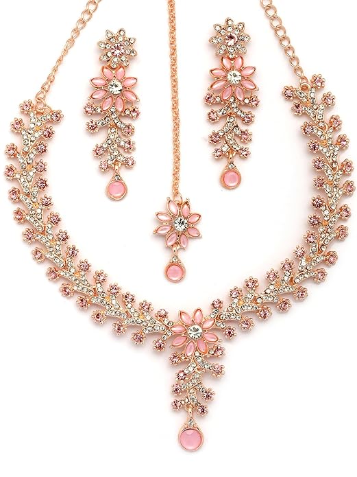 AD Diamonds Studded Floral Choker Necklace with Danlge Earrings Maangtikka Jewellery Set for Women & Girls