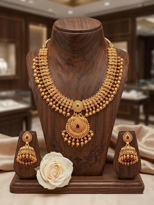 Gold-Plated Antique Temple Jewellery Set for Women - Traditional Necklace with Large Peacock Pendant & Matching Jhumka Earrings | Ethnic Festive & Bridal Wear Set with Ruby & Emerald Accents