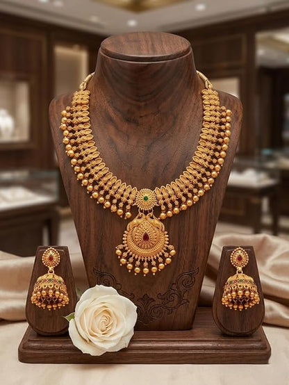 Gold-Plated Antique Temple Jewellery Set for Women - Traditional Necklace with Large Peacock Pendant & Matching Jhumka Earrings | Ethnic Festive & Bridal Wear Set with Ruby & Emerald Accents