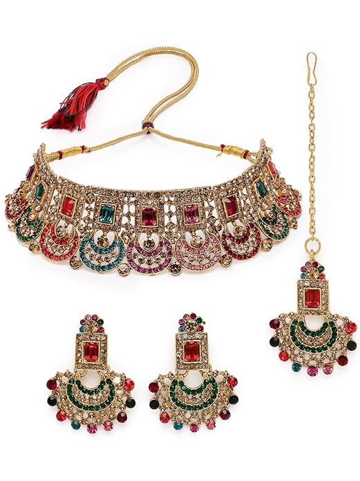 Graceful Curve Shaped Gold Plated AD Stones Choker Necklace Set With Earring And Maangtika | Jewellery Set For Women