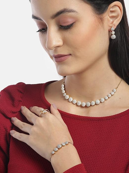 Jewellery Set for Women American Diamond Combo of Choker Necklace Set with Earrings, Bracelet and Ring for Girls and Women
