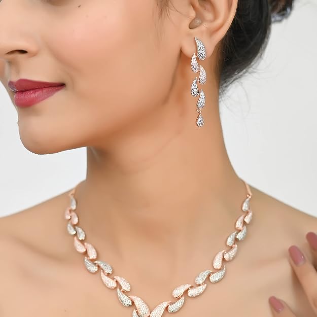 Diamond CZ Rose Gold Plated Designer Jewellery Set/Necklace Set with Chain & Earring for Girls/Women