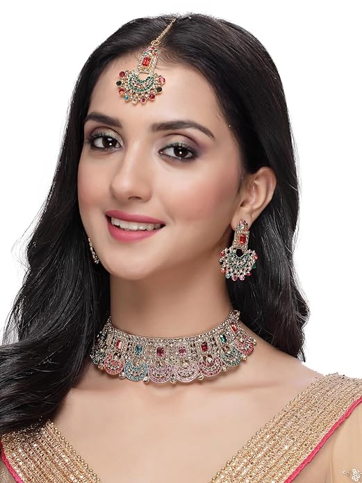 Graceful Curve Shaped Gold Plated AD Stones Choker Necklace Set With Earring And Maangtika | Jewellery Set For Women