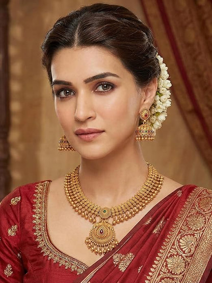 Gold-Plated Antique Temple Jewellery Set for Women - Traditional Necklace with Large Peacock Pendant & Matching Jhumka Earrings | Ethnic Festive & Bridal Wear Set with Ruby & Emerald Accents