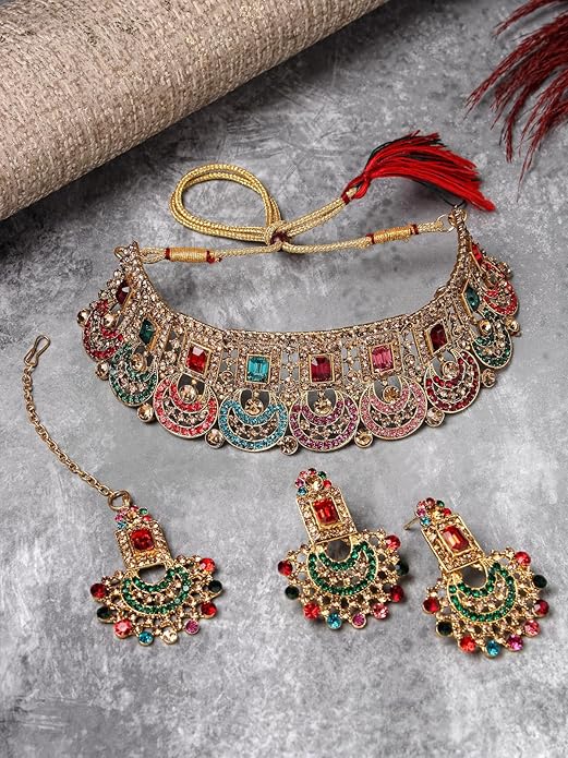 Graceful Curve Shaped Gold Plated AD Stones Choker Necklace Set With Earring And Maangtika | Jewellery Set For Women