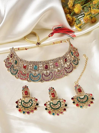 Graceful Curve Shaped Gold Plated AD Stones Choker Necklace Set With Earring And Maangtika | Jewellery Set For Women