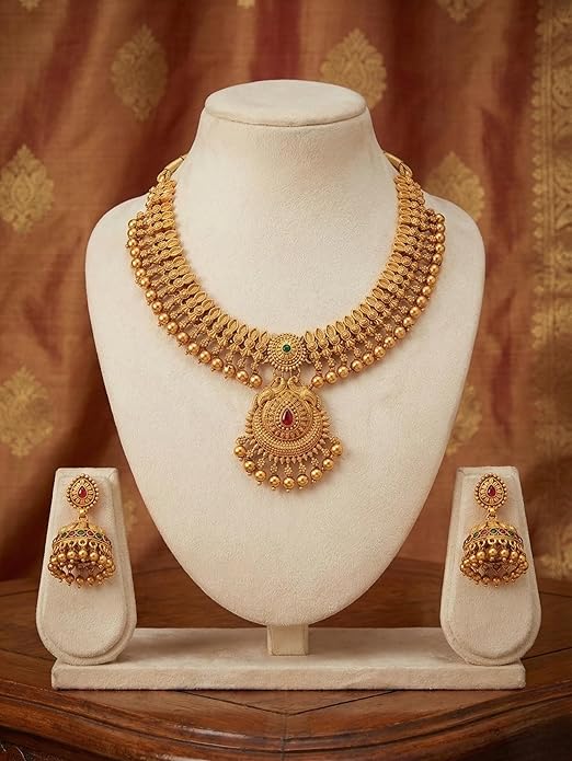 Gold-Plated Antique Temple Jewellery Set for Women - Traditional Necklace with Large Peacock Pendant & Matching Jhumka Earrings | Ethnic Festive & Bridal Wear Set with Ruby & Emerald Accents