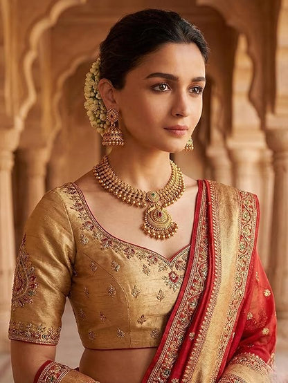 Gold-Plated Antique Temple Jewellery Set for Women - Traditional Necklace with Large Peacock Pendant & Matching Jhumka Earrings | Ethnic Festive & Bridal Wear Set with Ruby & Emerald Accents