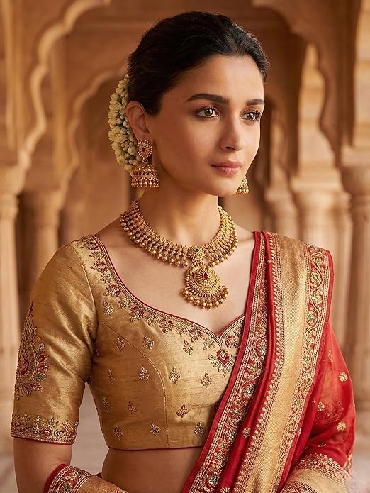 Gold-Plated Antique Temple Jewellery Set for Women - Traditional Necklace with Large Peacock Pendant & Matching Jhumka Earrings | Ethnic Festive & Bridal Wear Set with Ruby & Emerald Accents