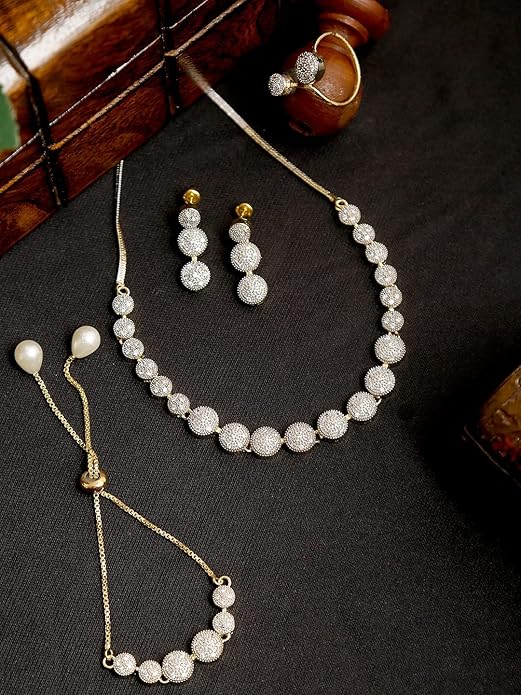 Jewellery Set for Women American Diamond Combo of Choker Necklace Set with Earrings, Bracelet and Ring for Girls and Women
