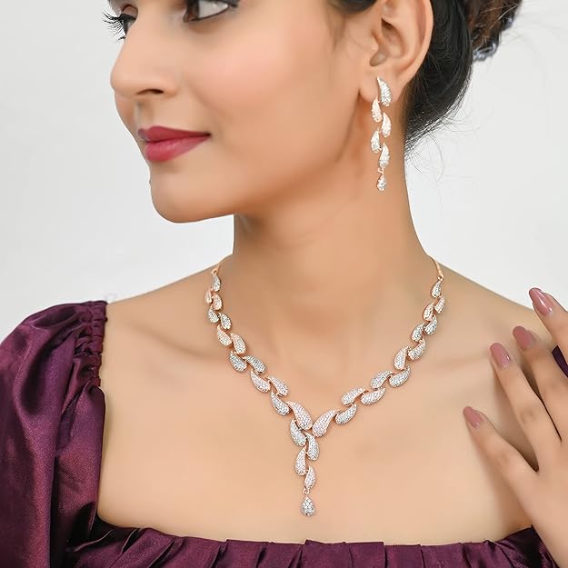 Diamond CZ Rose Gold Plated Designer Jewellery Set/Necklace Set with Chain & Earring for Girls/Women