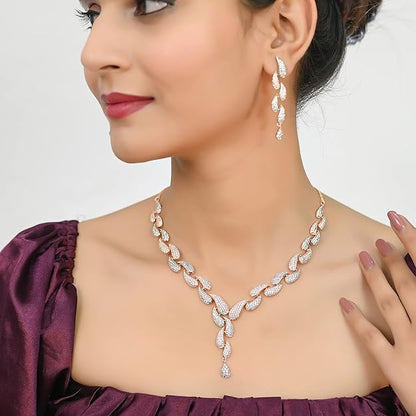 Diamond CZ Rose Gold Plated Designer Jewellery Set/Necklace Set with Chain & Earring for Girls/Women
