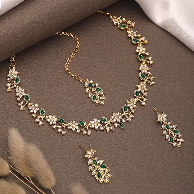 Diamond AD with Colorful Crystal Necklace Jewellery Set for Women/Girls | Perfect for Weddings, Parties & Festive Occasions