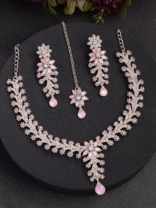 AD Diamonds Studded Floral Choker Necklace with Danlge Earrings Maangtikka Jewellery Set for Women & Girls