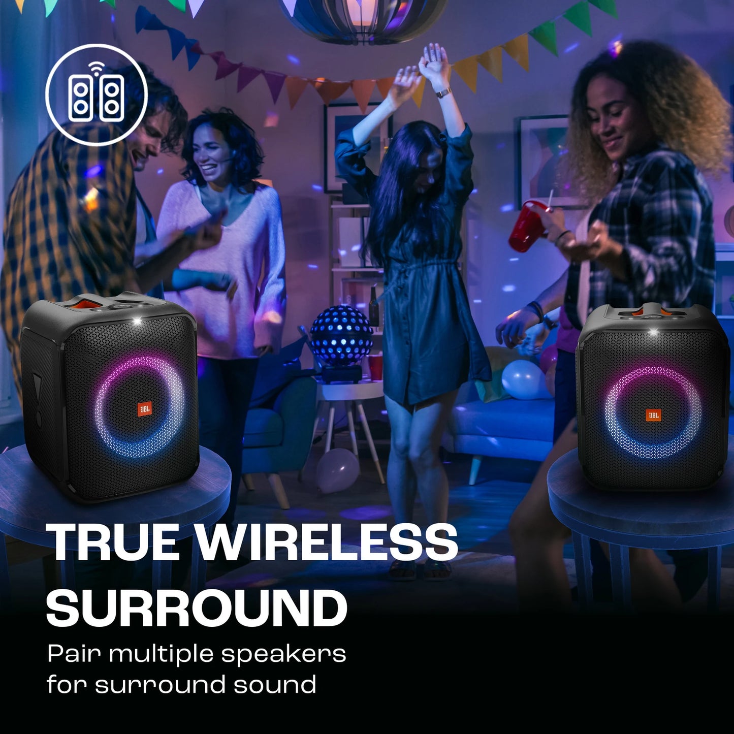 Partybox Encore Essential2 with Free MIC (CSHM10- Wire not included) Wireless Bluetooth Party Speaker, AI Sound Boost, Dynamic Light Show, Upto 15H, Auracast MultiSpeaker support, Guitar+Mic Input