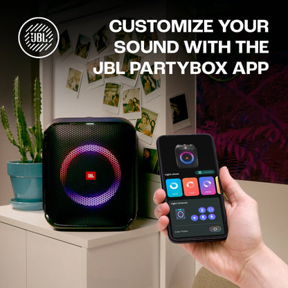 Partybox Encore Essential2 with Free MIC (CSHM10- Wire not included) Wireless Bluetooth Party Speaker, AI Sound Boost, Dynamic Light Show, Upto 15H, Auracast MultiSpeaker support, Guitar+Mic Input