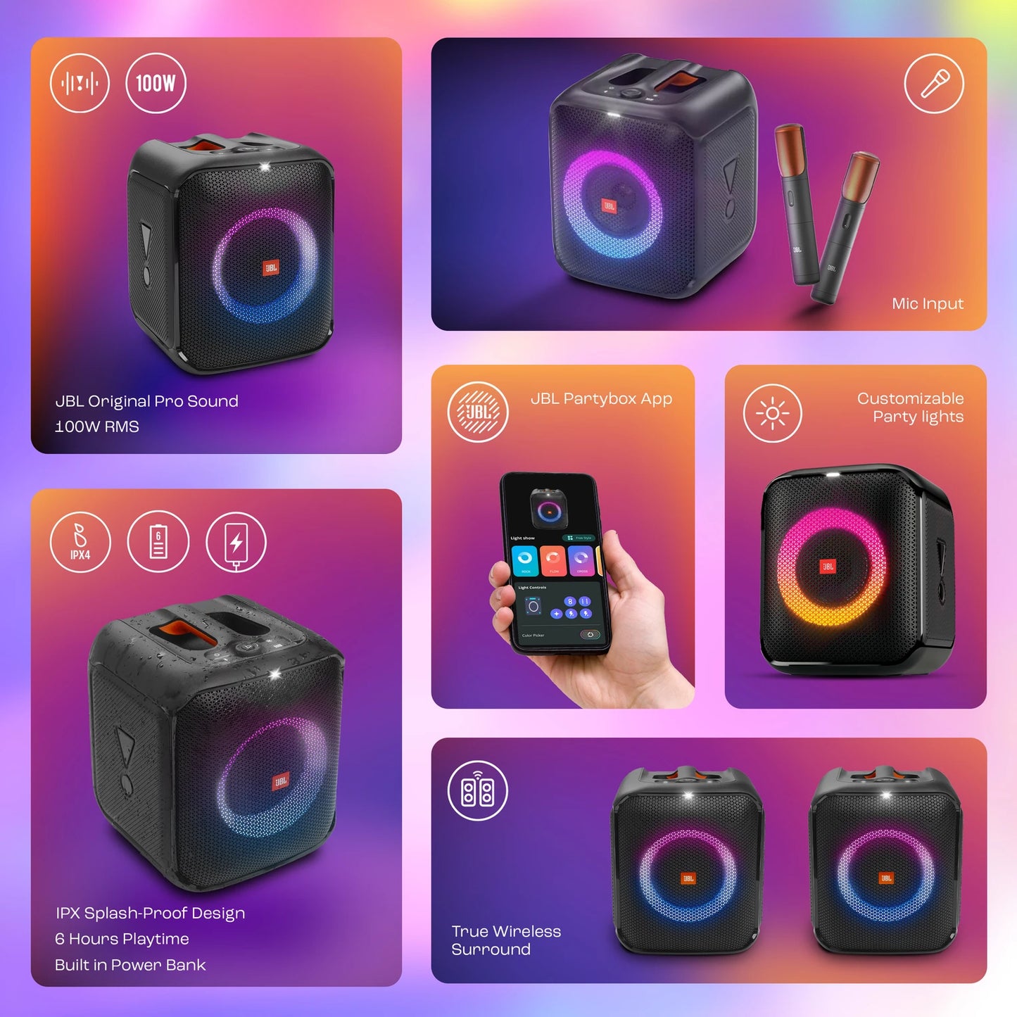 Partybox Encore Essential2 with Free MIC (CSHM10- Wire not included) Wireless Bluetooth Party Speaker, AI Sound Boost, Dynamic Light Show, Upto 15H, Auracast MultiSpeaker support, Guitar+Mic Input