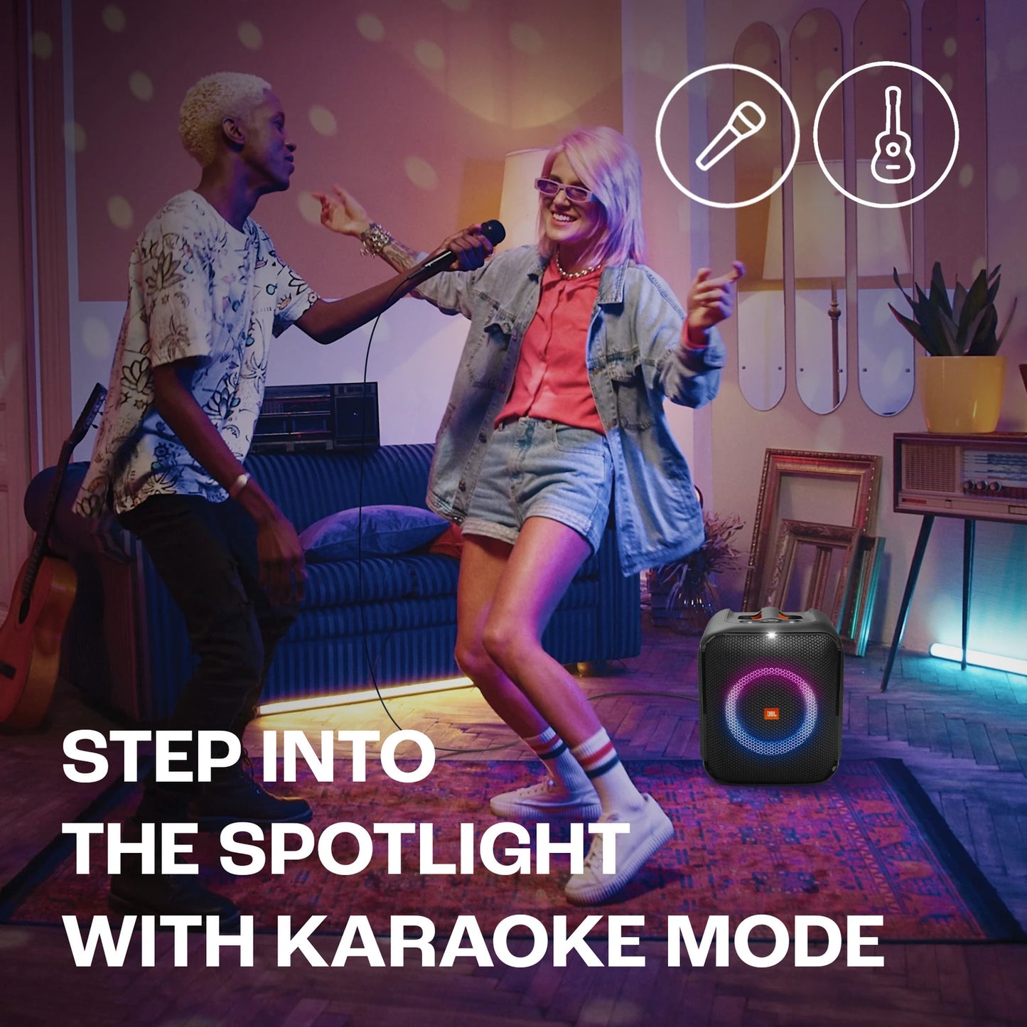 Partybox Encore Essential2 with Free MIC (CSHM10- Wire not included) Wireless Bluetooth Party Speaker, AI Sound Boost, Dynamic Light Show, Upto 15H, Auracast MultiSpeaker support, Guitar+Mic Input