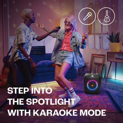 Partybox Encore Essential2 with Free MIC (CSHM10- Wire not included) Wireless Bluetooth Party Speaker, AI Sound Boost, Dynamic Light Show, Upto 15H, Auracast MultiSpeaker support, Guitar+Mic Input