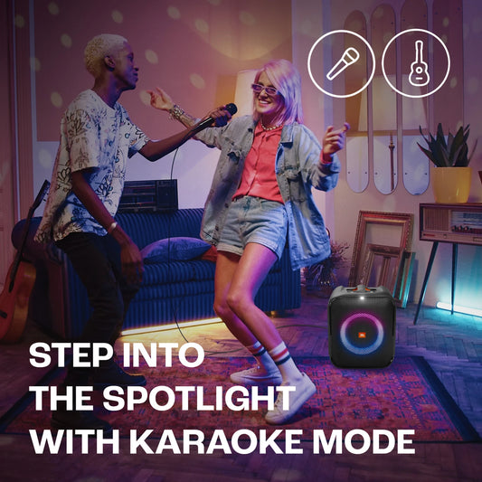 Partybox Encore Essential2 with Free MIC (CSHM10- Wire not included) Wireless Bluetooth Party Speaker, AI Sound Boost, Dynamic Light Show, Upto 15H, Auracast MultiSpeaker support, Guitar+Mic Input