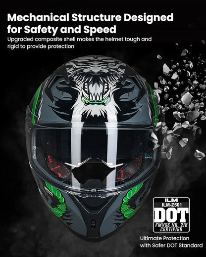 Motorcycle Helmet Full Face with Pinlock Compatible Clear&Tinted Visors and Fins Street Bike Motocross Casco DOT Model Z501(Legend Green, X-Large)
