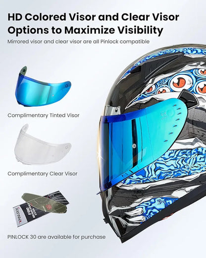 Motorcycle Helmet Full Face with Pinlock Compatible Clear&Tinted Visors and Fins Street Bike Motocross Casco DOT Model Z501(Legend Green, X-Large)