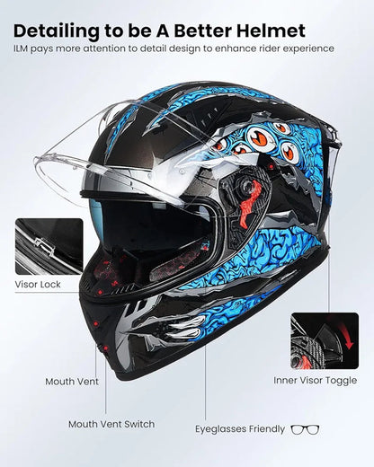 Motorcycle Helmet Full Face with Pinlock Compatible Clear&Tinted Visors and Fins Street Bike Motocross Casco DOT Model Z501(Legend Green, X-Large)
