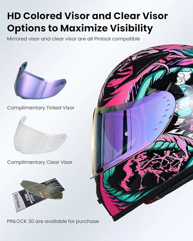 Motorcycle Helmet Full Face with Pinlock Compatible Clear&Tinted Visors and Fins Street Bike Motocross Casco DOT Model Z501(Legend Green, X-Large)