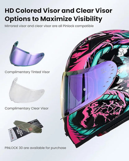 Motorcycle Helmet Full Face with Pinlock Compatible Clear&Tinted Visors and Fins Street Bike Motocross Casco DOT Model Z501(Legend Green, X-Large)