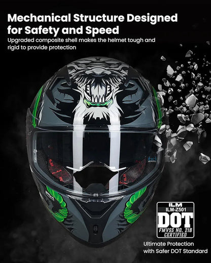 Motorcycle Helmet Full Face with Pinlock Compatible Clear&Tinted Visors and Fins Street Bike Motocross Casco DOT Model Z501(Legend Green, X-Large)