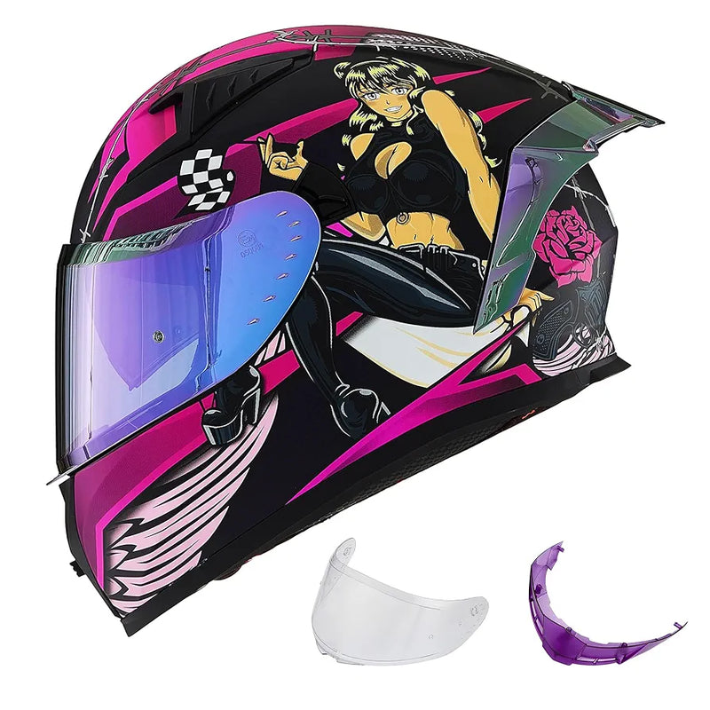 Motorcycle Helmet Full Face with Pinlock Compatible Clear&Tinted Visors and Fins Street Bike Motocross Casco DOT Model Z501(Legend Green, X-Large)