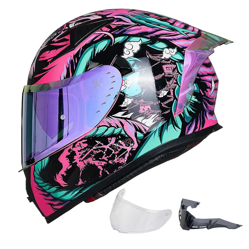 Motorcycle Helmet Full Face with Pinlock Compatible Clear&Tinted Visors and Fins Street Bike Motocross Casco DOT Model Z501(Legend Green, X-Large)