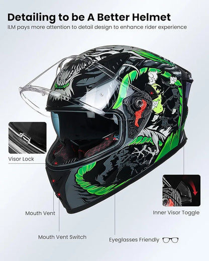 Motorcycle Helmet Full Face with Pinlock Compatible Clear&Tinted Visors and Fins Street Bike Motocross Casco DOT Model Z501(Legend Green, X-Large)