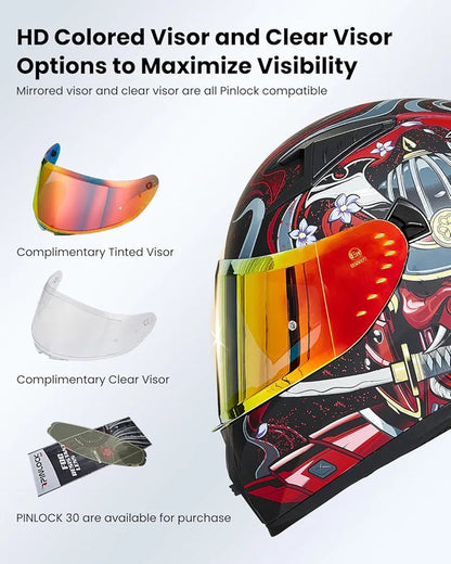 Motorcycle Helmet Full Face with Pinlock Compatible Clear&Tinted Visors and Fins Street Bike Motocross Casco DOT Model Z501(Legend Green, X-Large)