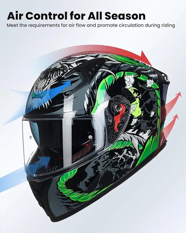 Motorcycle Helmet Full Face with Pinlock Compatible Clear&Tinted Visors and Fins Street Bike Motocross Casco DOT Model Z501(Legend Green, X-Large)