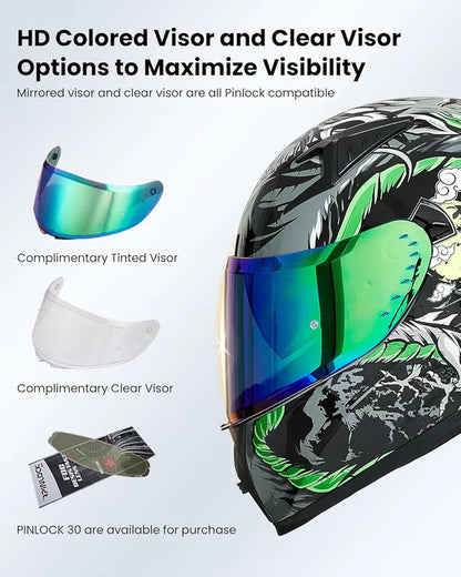 Motorcycle Helmet Full Face with Pinlock Compatible Clear&Tinted Visors and Fins Street Bike Motocross Casco DOT Model Z501(Legend Green, X-Large)