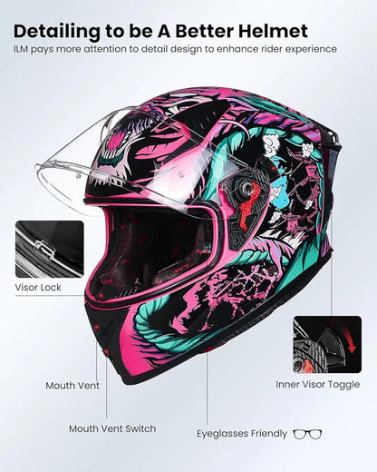 Motorcycle Helmet Full Face with Pinlock Compatible Clear&Tinted Visors and Fins Street Bike Motocross Casco DOT Model Z501(Legend Green, X-Large)
