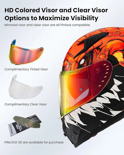 Motorcycle Helmet Full Face with Pinlock Compatible Clear&Tinted Visors and Fins Street Bike Motocross Casco DOT Model Z501(Legend Green, X-Large)