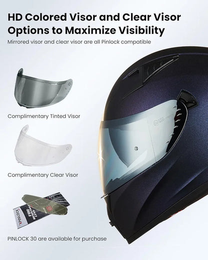 Motorcycle Helmet Full Face with Pinlock Compatible Clear&Tinted Visors and Fins Street Bike Motocross Casco DOT Model Z501(Legend Green, X-Large)