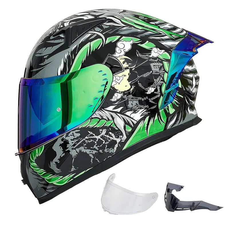 Motorcycle Helmet Full Face with Pinlock Compatible Clear&Tinted Visors and Fins Street Bike Motocross Casco DOT Model Z501(Legend Green, X-Large)